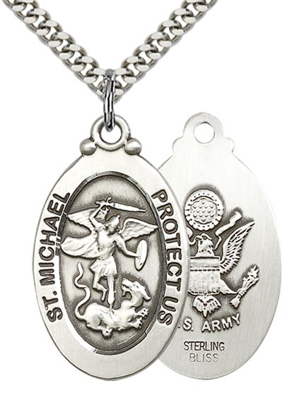 STERLING SILVER ST MICHAEL PENDANT ON A CHAIN - 1 1/8" x 5/8"